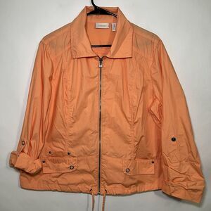 Chicos Full Zip Windbreaker Jacket Womens Size 3 Orange Waist Tie Roll Tab Slv